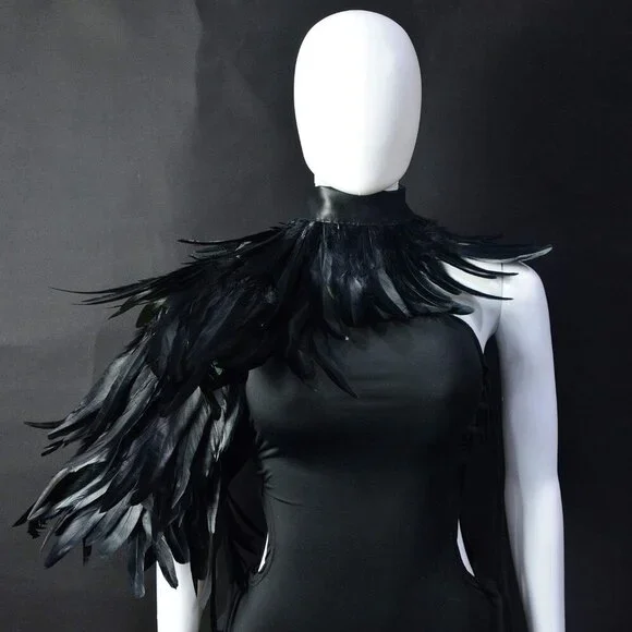 Women Feather Cape Shawl Costume Black Witch Wings Collar Adult Crow Neck - Picture 7 of 8